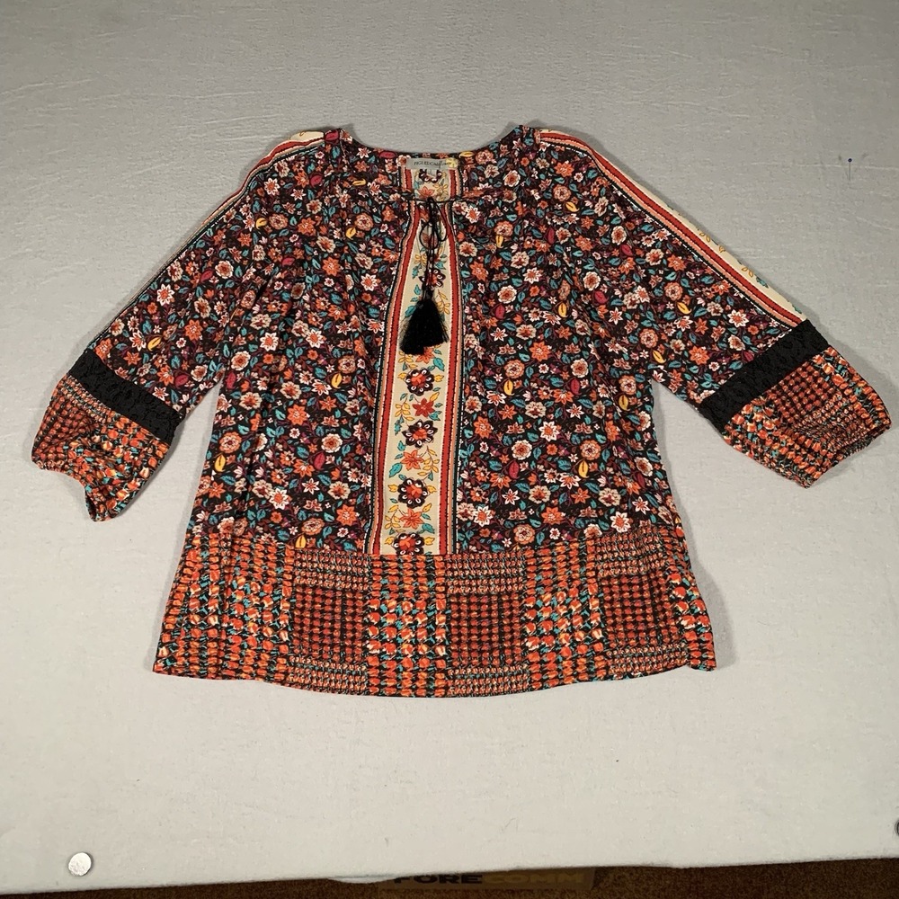 Figueroa‎ & Flower Shirt Womens Large Floral Boho V Cut Neckline Tie
